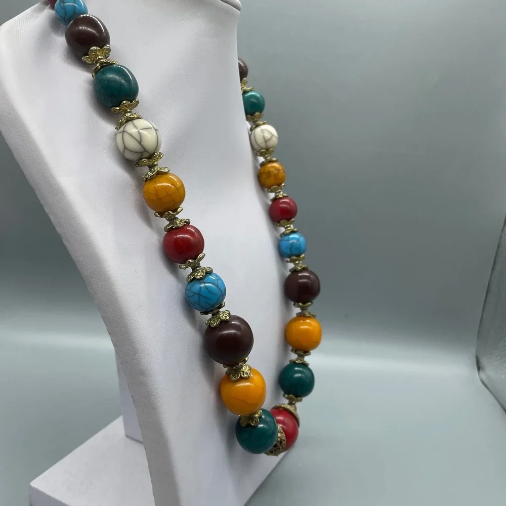 Boho Chunky Multi Color Bead Necklace Brass Filigree Statement 22 Inch Vintage‎